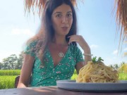 Cumwalk in Public Cafe Eating Pasta Carbonara with Sperm on Face