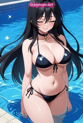 Stepmother seduces stepson with videos in a swimming pool while wearing a swimsuit - JOI dirty language