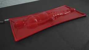 New red latex vacuum bed bondage with belts and a vibrator inside orgasm after orgasm