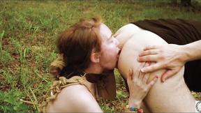 ”Wild in the woods redhead gets naked for BDSM & delicious anal fucking”