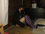 leashed femboy in chastity plays with vibrator