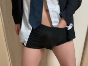 A Japanese office worker sprays myself in the mirror with sperm.