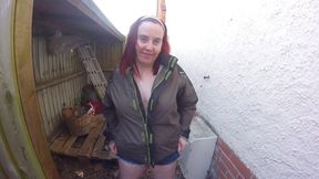 Coat and Shorts Flashing in the yard