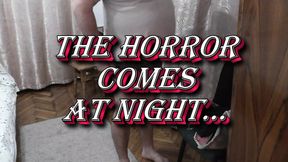 Halloween 2022. Beautiful horror comes at night. Cute naked girl frightened man.