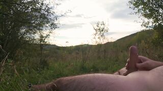 Lazy fap off in nature to the sunset