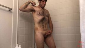 guy manscapes, takes shower, & jo 2 cum