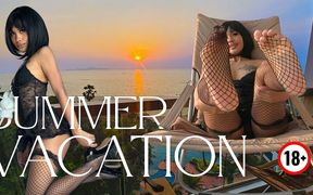 Cute Asian in Black Lace Lingerie Sways Hips on Oceanfront Balcony