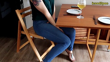 Sinn Sage peeing her tight jeans at restaurant