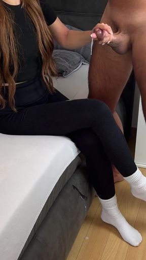 CFNM Mia Cute Handjob leggings white socks cumshot   Clip 2