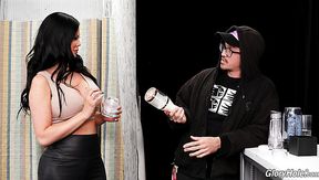 Busty sexy brunette Jasmine Jae uses glory hole BBC for pussy polishing