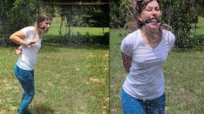 POV as Personal Trainer to PAWG THOT Catherine Sterling - Hand & Ankle Cuffed, Ballgagged Self Bondage Hopping Hosedown in a Splash of Water Bondage Motivation! HD MP4 Flie Format