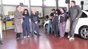 Hot mechanic babes get gangbanged at the workshop