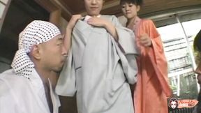 Two horny asian girls invite a guy to drill their hairy tught pussy in threesome
