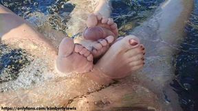Wet step sisters' feet worshipped in public bathhouse threesome