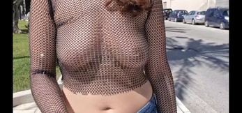 Teasing my knockers on the streets, transparent bra, urban tease