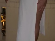 sexy naughty girl in white dress shows her toy in her pussy to the public (Jennyfer Queen)