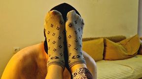 Fetish of legs and feet after boots. Dominatrix allowed slave to take off her boots, to sniff her sweaty socks, to kiss her feet