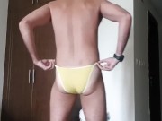 Horny in the apartment Jerking off in sexy yellow panties and cock rings