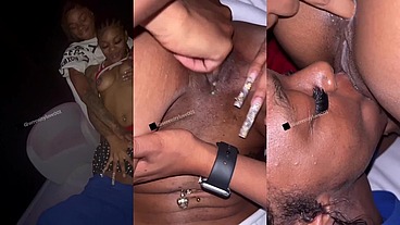 Ebony lesbian threesome in the club