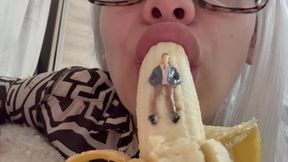 Giantess Stepsister eats tiny stepbrother puts him on a banana because it slides so easily then eats it and it's in her belly but tiny stepbrother wants to come out