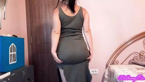 PAWG busty teen brunette latina farting and shaking it in long tight green dress