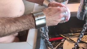BDSM-GAY Full Metal Chastity Slave Handcuffed to Kitchen Sink – Dishwashing with Ball Gag & Heavy Collar