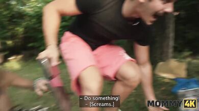 MOMMY4K gets throat fucked by young cock in the forest while cuckold watches