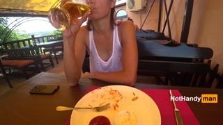 Eating burger and flashing in the cafe Transparent T-shirt No Bra (teaser) v2