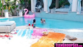 Lesbian pool threesome with horny petite teen sluts