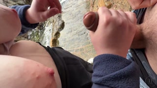 Walk by the sea ends with huge cumshot after handjob