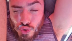 SELF FACIAL on my truck, Sucking my own balls & cock