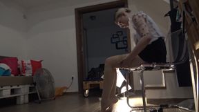 Blonde girl after college at home teasing with mini skirt open legs softcore Leon Lambert production