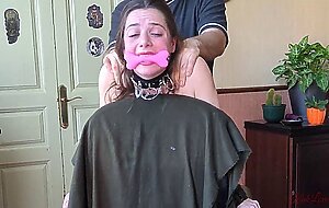 Sex slave handcuffed to a chair cums with a new toy