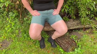 Girl has extreme real wetting desperation accident hiking in forest