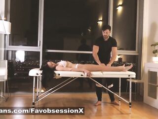 Erotic massage ends with oiled sex and creampie for breasty brunette hair tiny lalin girl