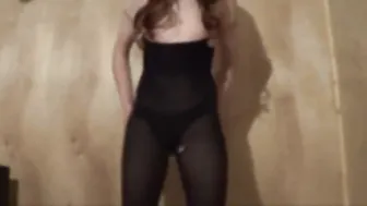 Twink Crossdresser in Black Bodystocking Strips Solo