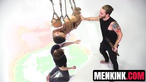 ”Sexy Jeremy Spreadumz TIED UP & shaft stroked by two horny guys”