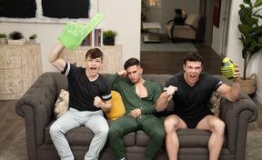 Gay dudes share the couch for intriguing anal positions