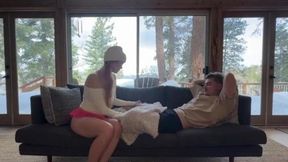 Sister's friend warms up with me in the snow cabin