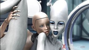 Female sex android plays with an alien in the sci-fi lab