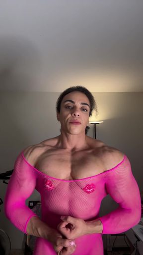 Female bodybuilder in pink lingerie