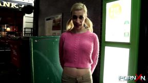 Blonde Chessie Kay walking in wet pants