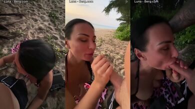 Horny MILF takes risky beach blowjob from stranger and swallows every drop