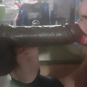 Gagging on black toys with sloppy smoking blowjob