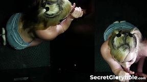 Blonde beauty Sage Pilar enjoys her first gloryhole blowjob experience