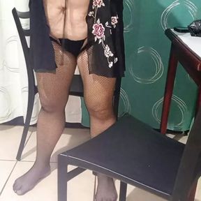 Grandma in lingerie squirts On the chair she caresses her pussy and models her delicious ass