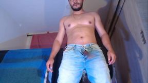 Latin Man Jerking off His BBC and Thick Uncut Cock Wearing Jeans