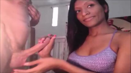 Ebony shemale devouring her white lover's hard cock