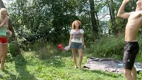 Curly redhead and sweet blondie turn a picnic into a super hot threesome