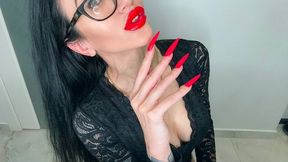 Bright red long nails, finger sucking, black lace lingerie face and long fingers fetish